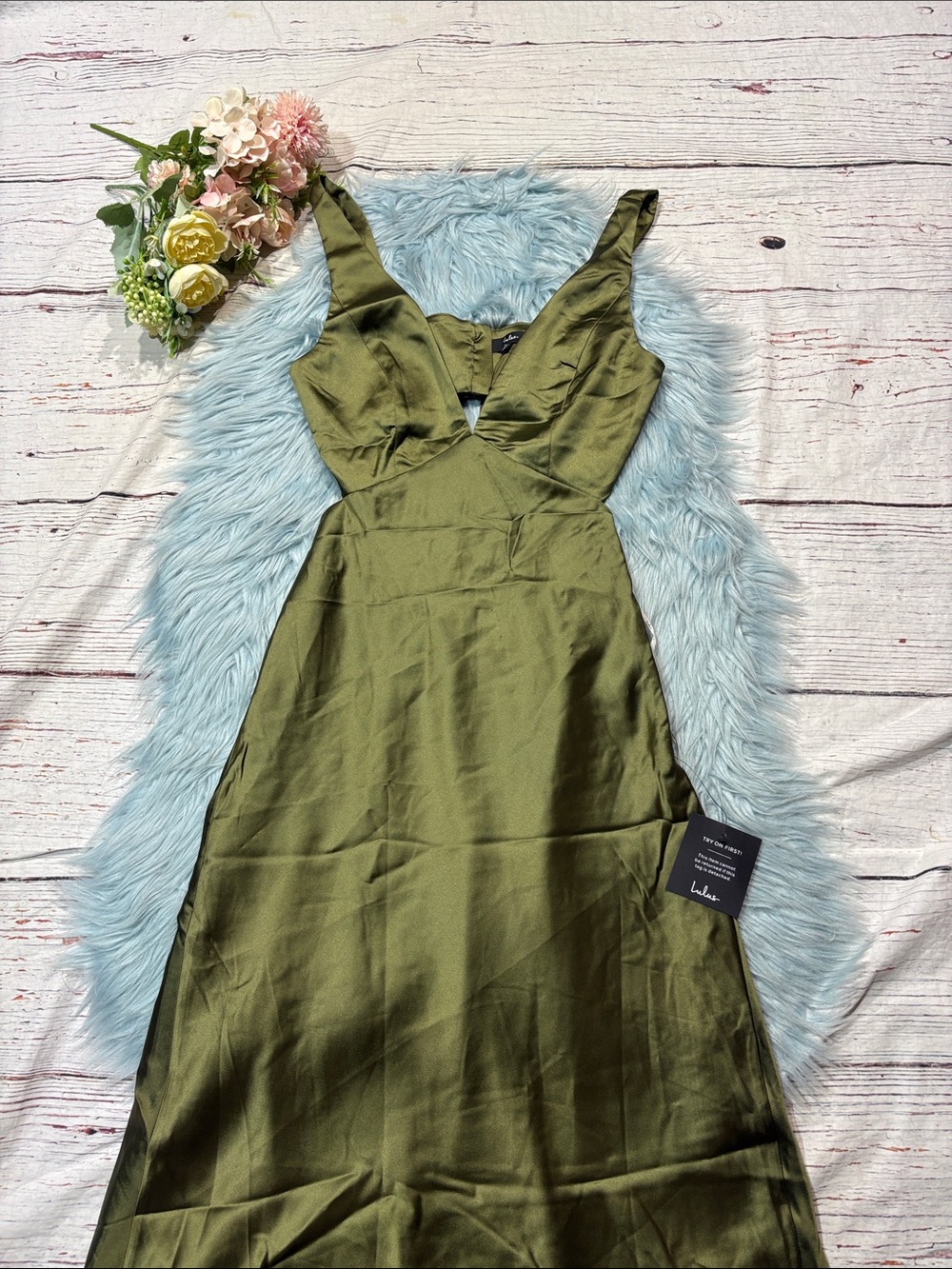 NWT Lulus Unmatched Elegance Olive Satin Sleeveless Midi Dress - Picture 6 of 9